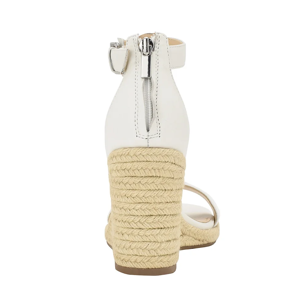 White Round Toe High Heel Ankle Strap Wedge Sandals for Women