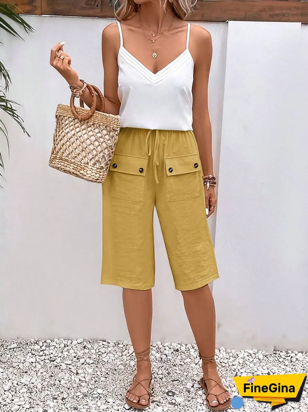 Solid Color Double Pocket Lace Loose Casual Cropped Pants