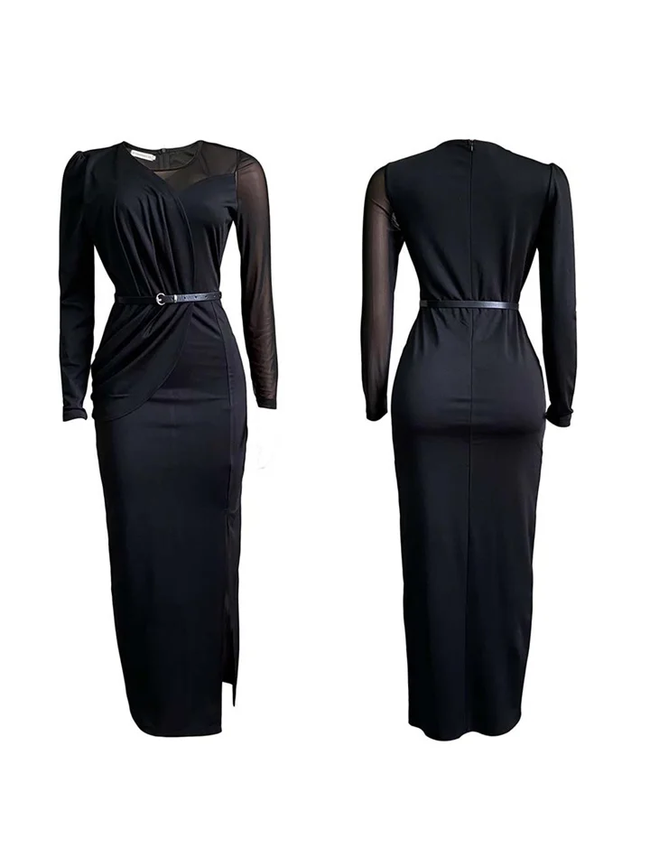 Solid Color Plus Size Round Neck Long Sleeve High Waist Long Dress Women's Mesh Splicing Dress Zipper Long Dress Dresses