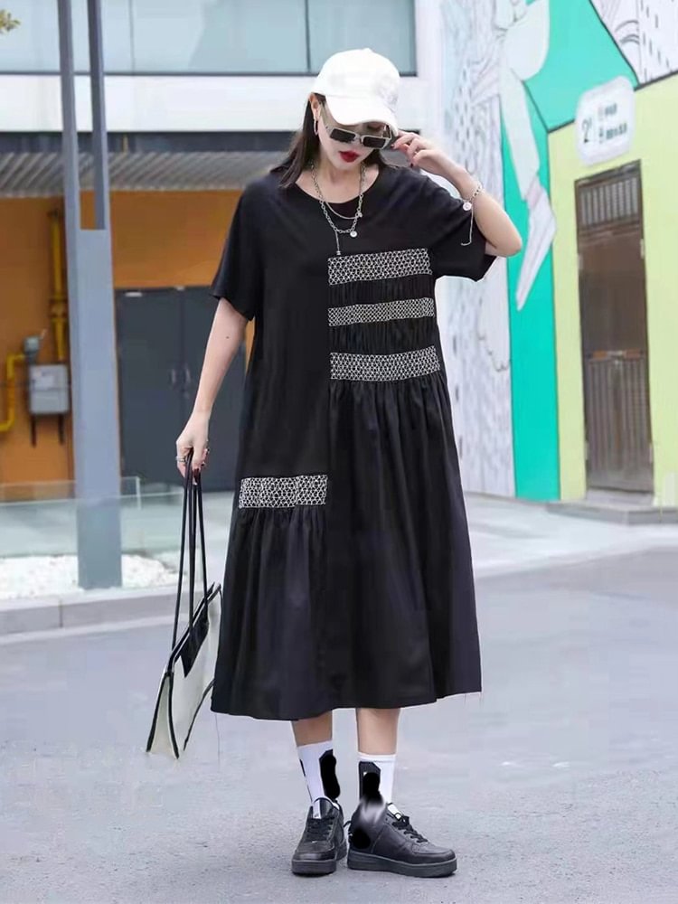 Street Loose O-Neck Irregular Patchwork Folds Splicing Short Sleeve Dress 