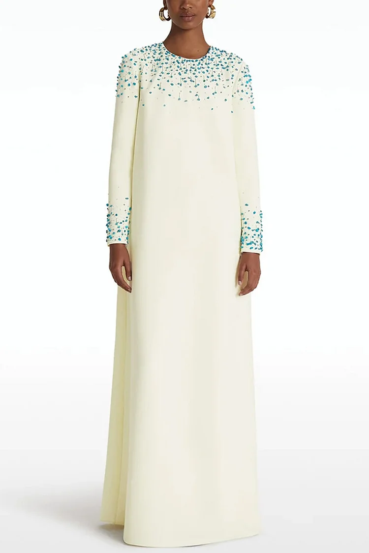 Beaded Rhinestone Embellished Loose Maxi Dress-Apricot