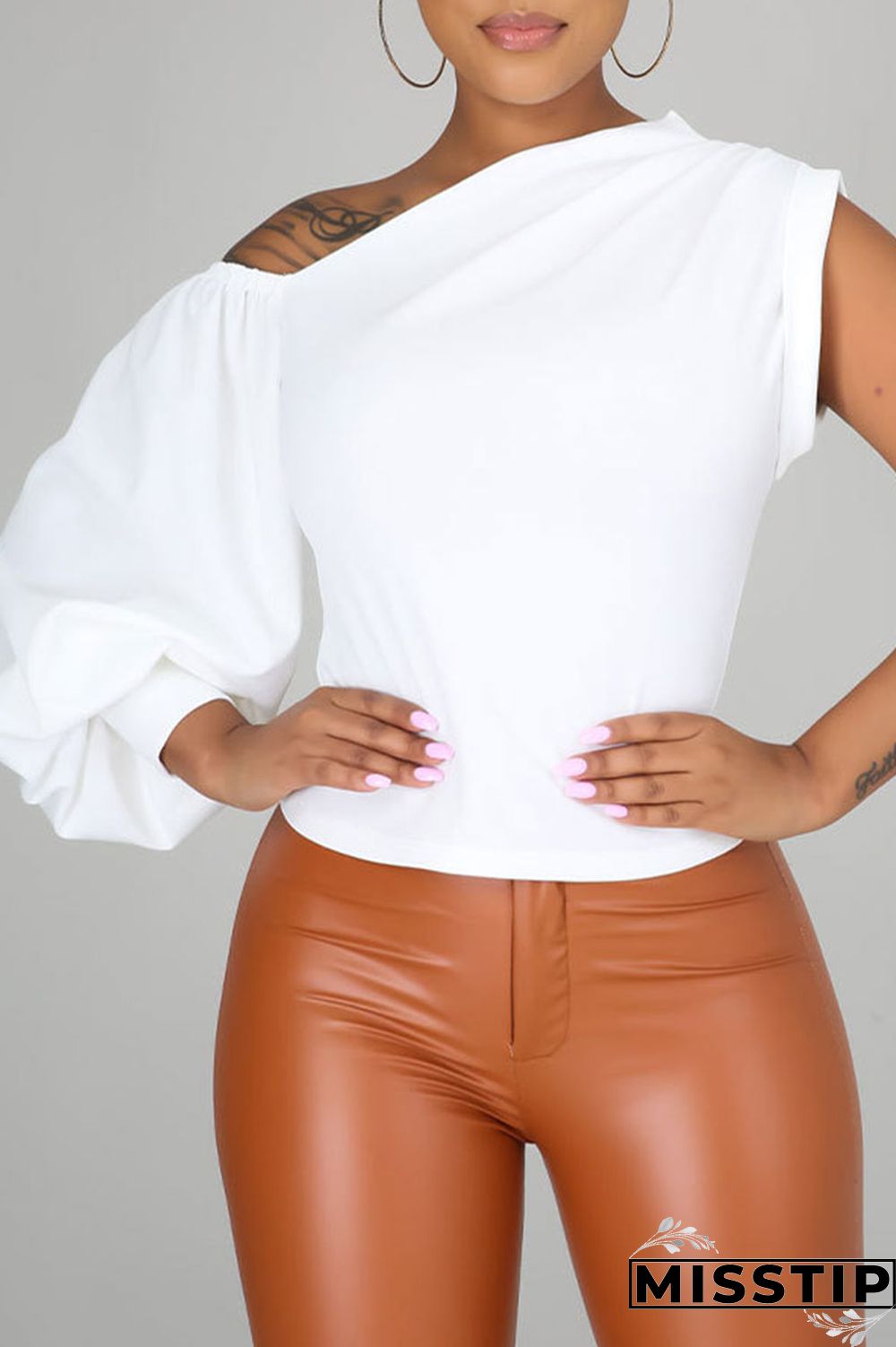 Red Fashion Casual Solid Patchwork Asymmetrical Oblique Collar Tops