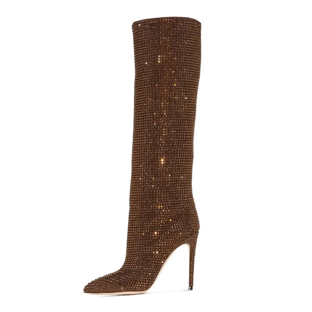Classic Brown Full Rhinestone Pointed Toe Knee High Heel Boots Nicepairs