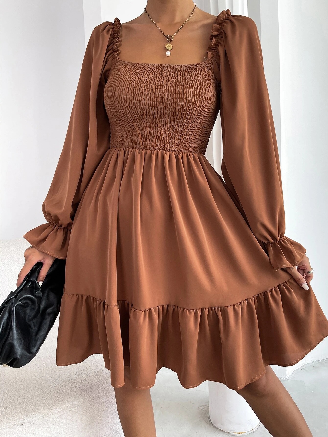 Mature Women Fit And Flare Long Sleeve Square Neck Ruffled Swing Dress