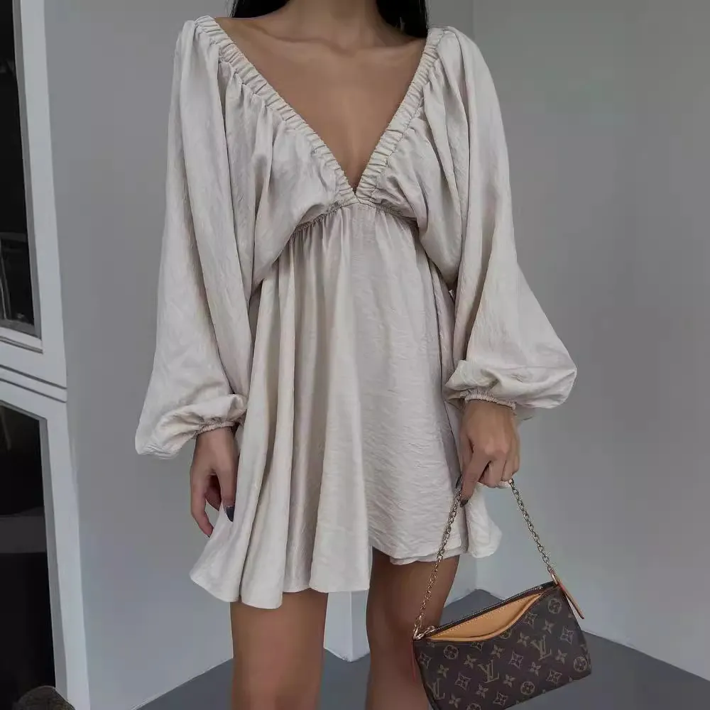 Nigikala Nigikala New V-Necked Long-Sleeved Dress Independent Design Bubble Sleeve Dress