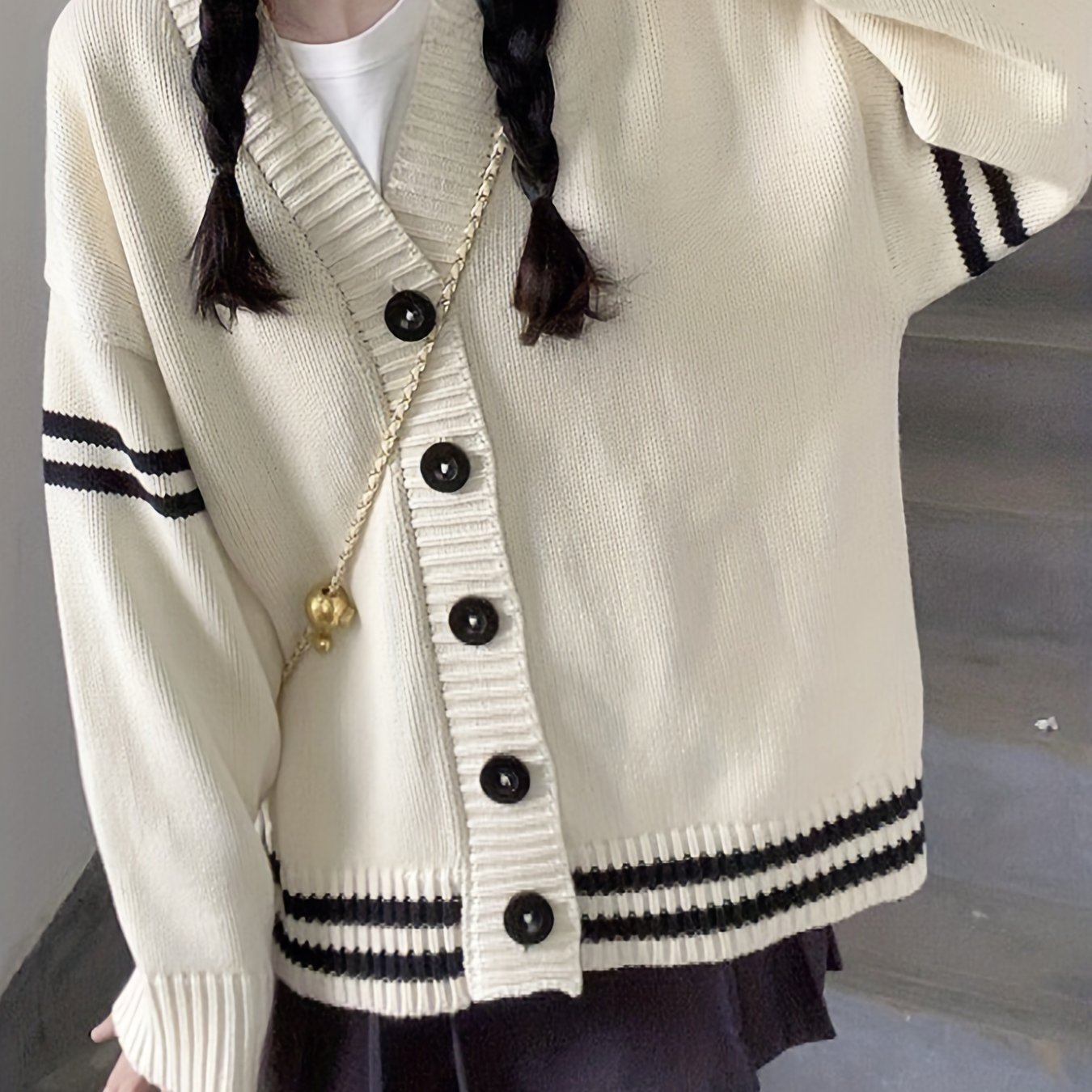 Striped Button V-neck Casual Long Sleeve Cardigan