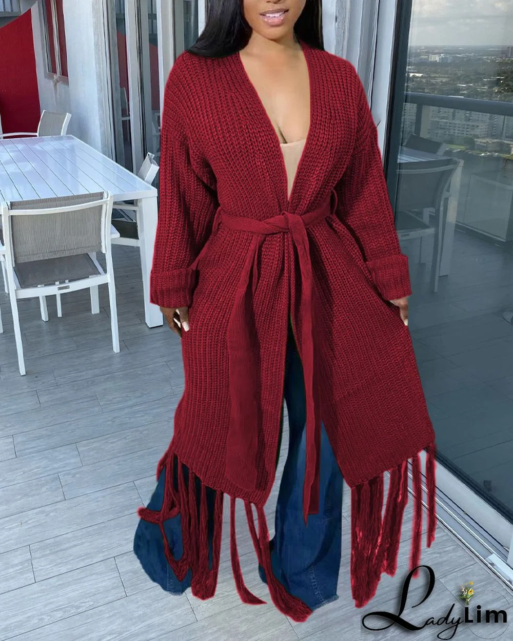 Women Long Sleeve Fringe Cardigan Sweater