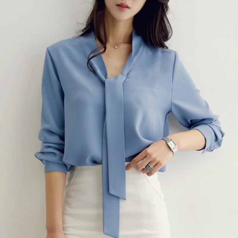 Blusas Mujer De Moda 2023 Bow V-neck Office Blouse Ladies Tops Chiffon Blouse Shirt Tops Women Long Sleeve Blouse Women A137