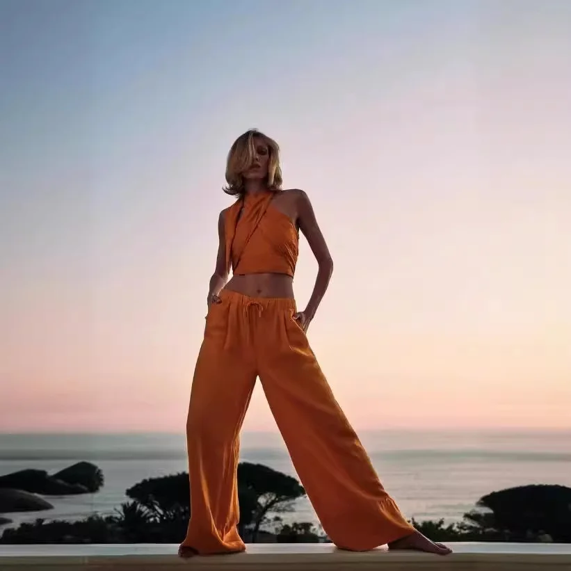 Nigikala Nigikala Women's Clothing INS Burst Cross Hanging Neck Top Trousers Set Fashion Casual