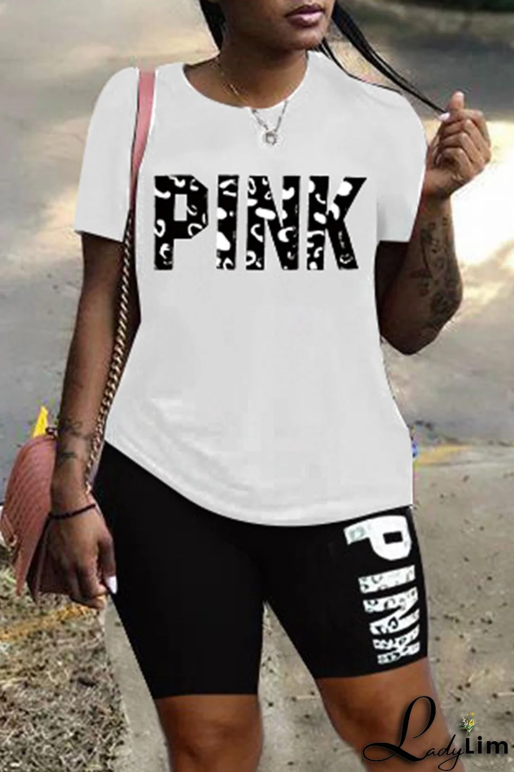 Rose Red Fashion Casual Letter Print Patchwork O Neck Short Sleeve Plus Size Two Pieces