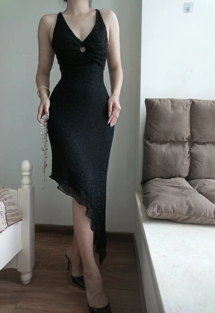 (Including scarf)Black Shiny Vintage V-Neck Short/Medium-Length Homecoming Dress Prom Dress Birthday Party Dress Banquet Dress Evening Dress