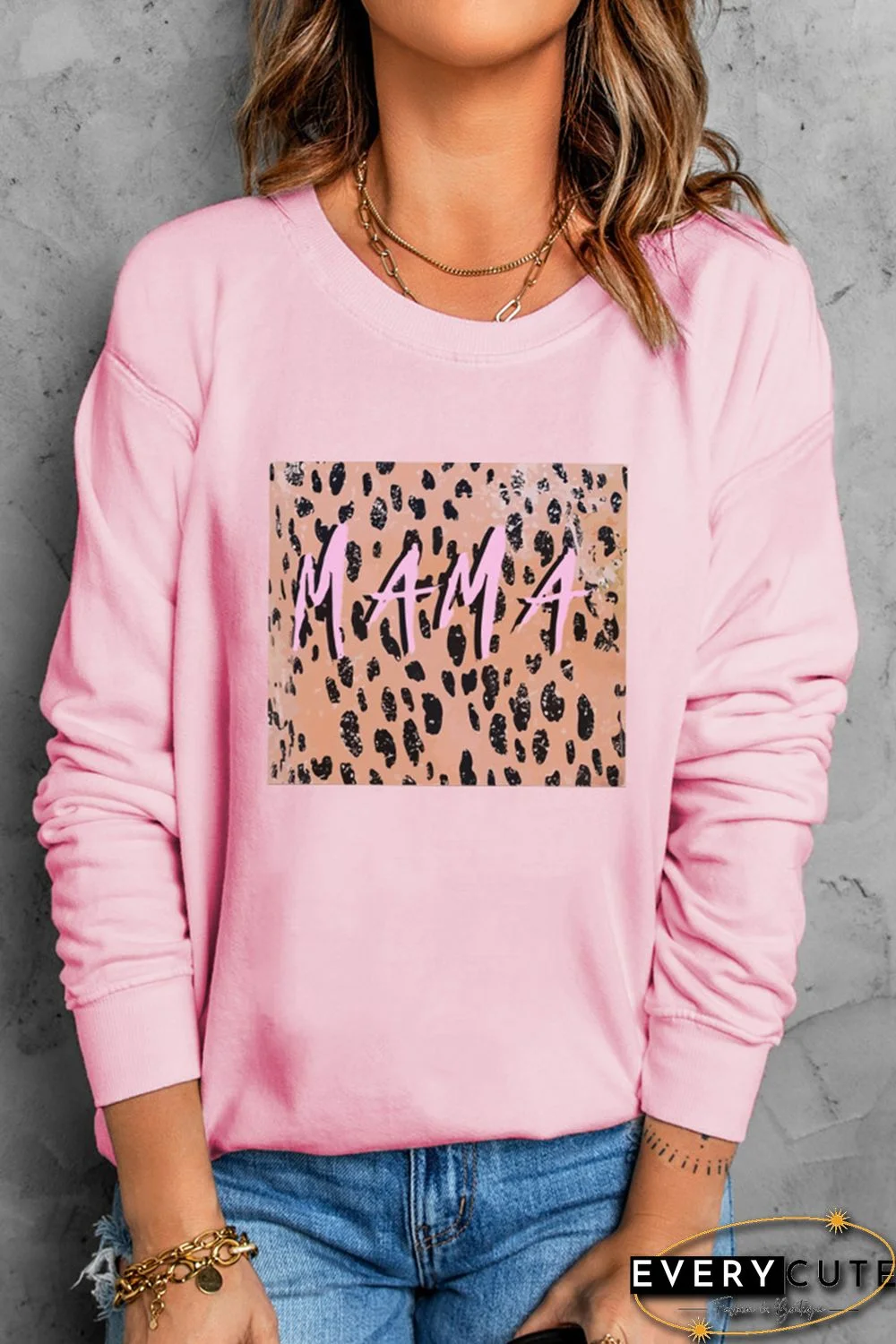 Pink MAMA Leopard Color Block Drop Sleeve Pullover Sweatshirt