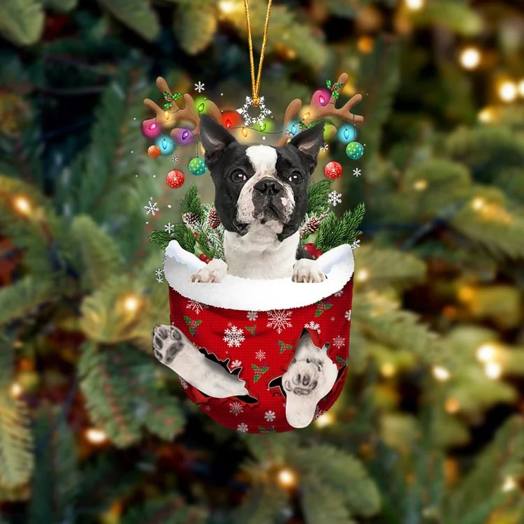 BLACK Boston Terrier In Snow Pocket Christmas Ornament