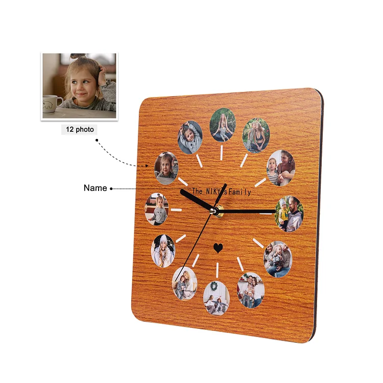 Personalized Photo Wall Clock with 12 Photos Engraved 1 Name Gifts for Family