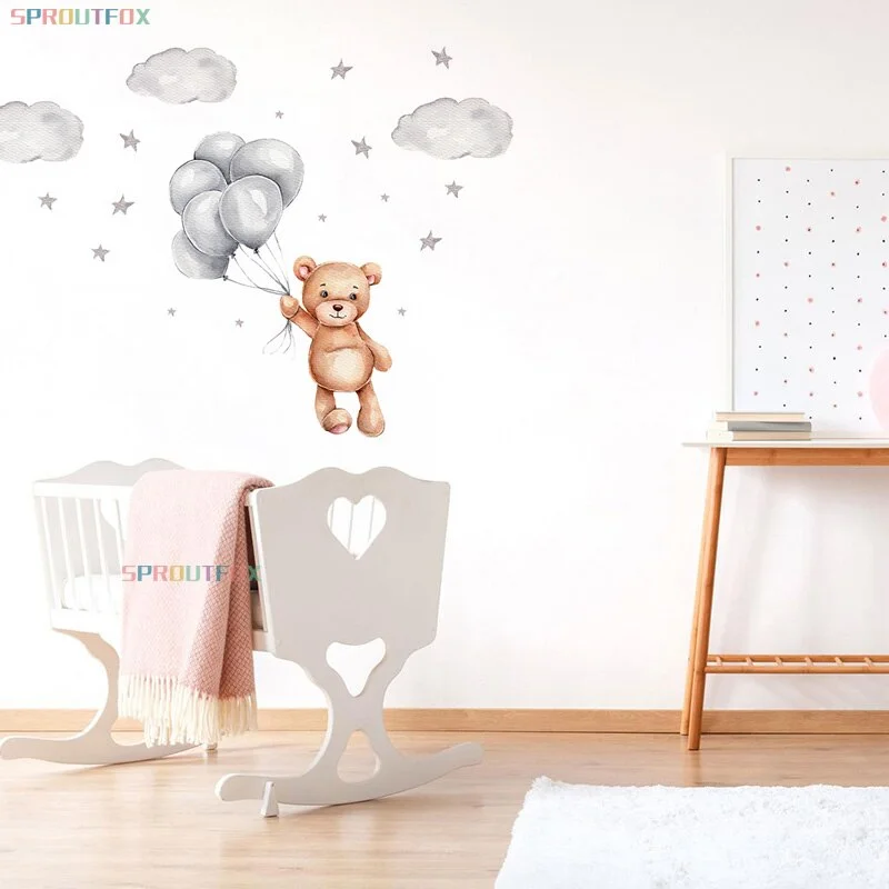 Lovely Bear with Ballon Bedroom Wall Stickers for Kids Rooms Girls Nursery Decoration Cloud Stars Viny Mural Stickers