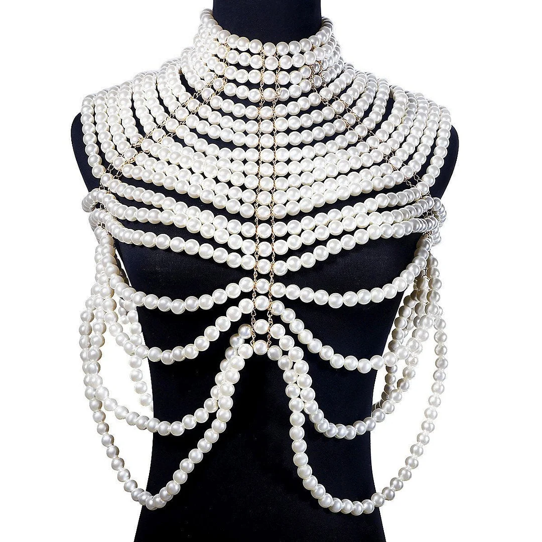 Multicolored pearl beading layered shawl body chain-zachics