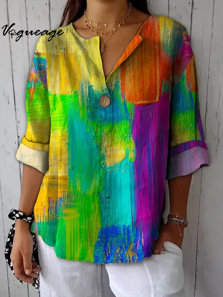 Fashionable Bright Color Block Stitching Printed Cotton And Linen Shirt