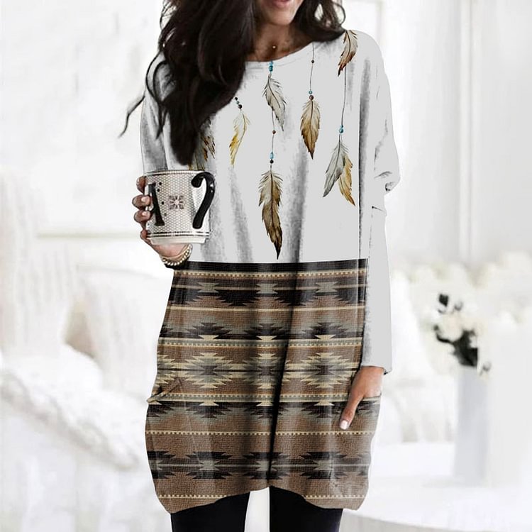 Comstylish Vintage Feather Patchwork Totem Print Tunic
