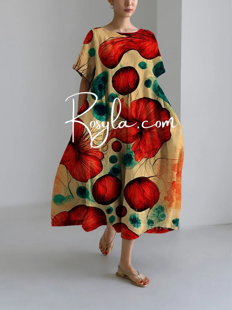Women's Casual Classical Flory Print Loose Round Neck Medium Length Skirt Dress_2