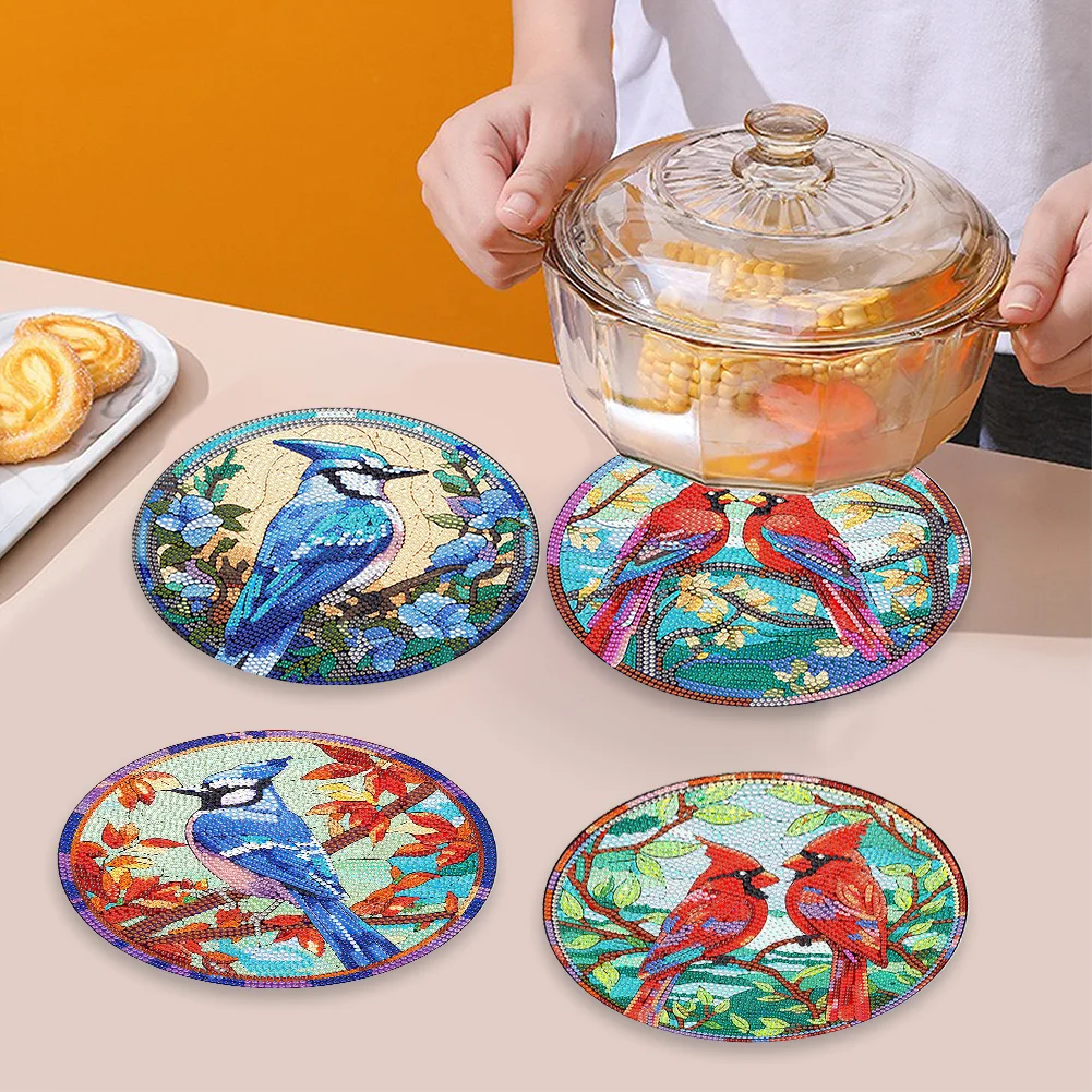 4pcs DIY Bird In The Tree Acrylic Diamond Painted Placemats for Dining Table Decor(19.5cm)