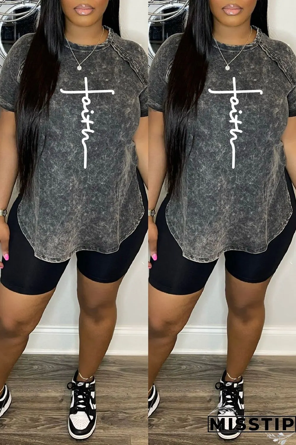 Black Casual Print Basic O Neck Short Sleeve Two Pieces