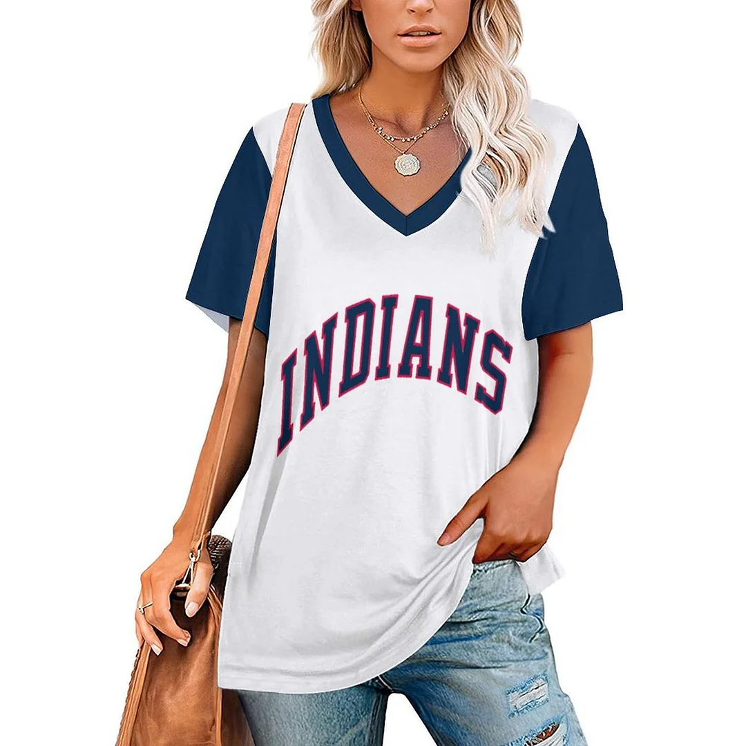 V-neck Short Sleeve Casual T-shirt for  Women Printed with Pattern,Navy,Red,White