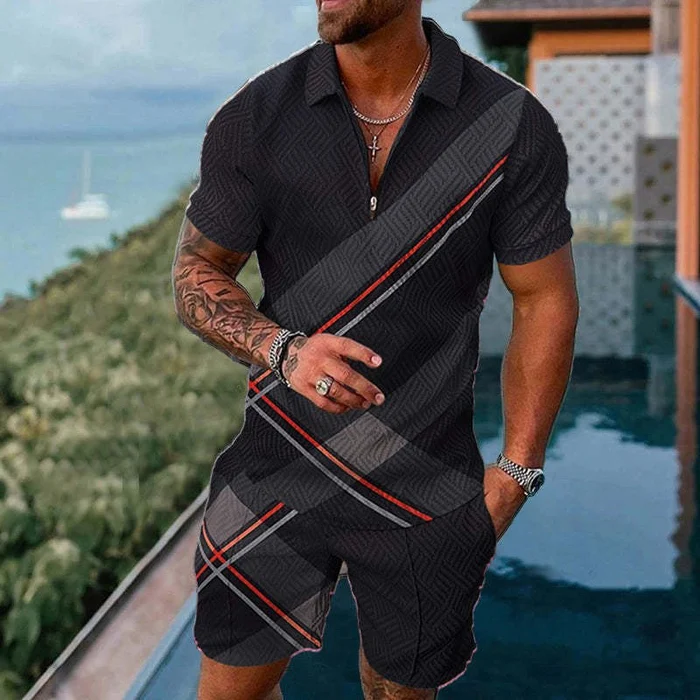 BrosWear Classic Grid Print Polo Shirt And Shorts Co-Ord