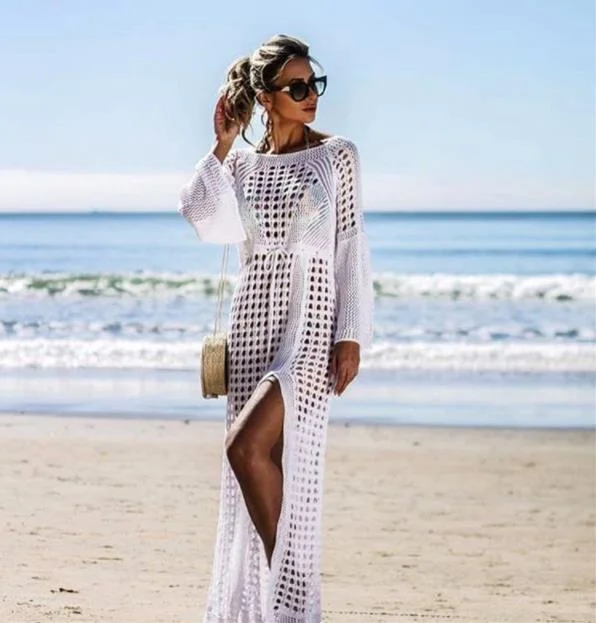 ABEBEY-Summer Vacation Beach Dress Casual Dress Ins Style Photograph Dress Maryam Cotton Sheer Crochet Maxi Dress - White
