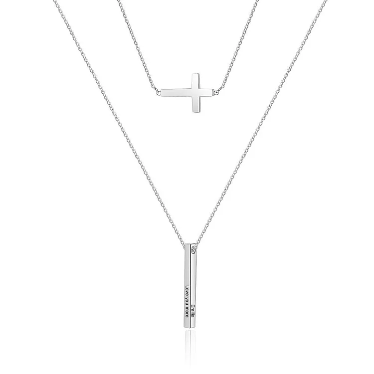 Vertical Bar Necklace with Cross Pendant Layer Necklace Personalized Custom Name Necklace Engraving 4 side