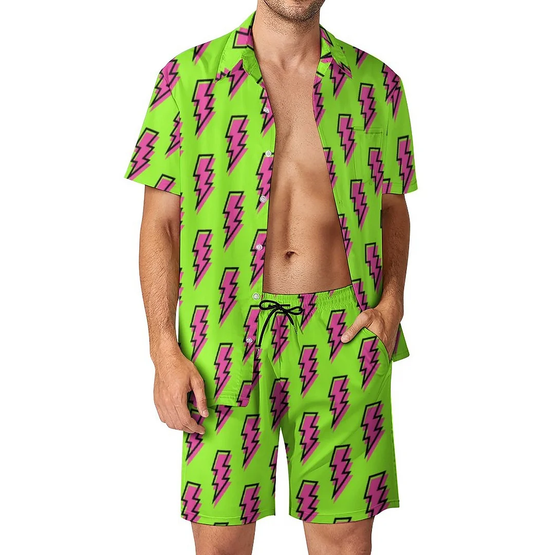 80S 90S Neon Green Pink Lightning Bolt Men Hawaiian Button Down 2 Piece Shirt Shorts Set Beach Tropical Hawaii Suits