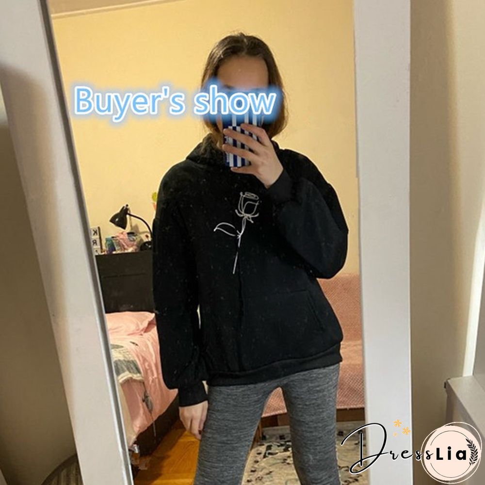 New Fashion Ladies Girls Cute Rose Flower Printed Hoodies Thin Fleece Long Sleeve Casual Pullovers Women Hooded Sweatshirts