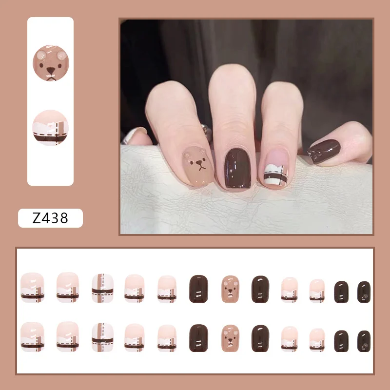 Churchf Churchf And Winter Milk Brown Grid Short Style Wear Nail Caramel Milk Coffee Color Lovely Stereo Bear Beauty Nail Piece Finished Product