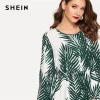 SHEIN Multicolor Tropical Print Bishop Sleeve Smock Dress Modest High Waist Round Neck Long Sleeve 2019 Spring Abaya Dresses