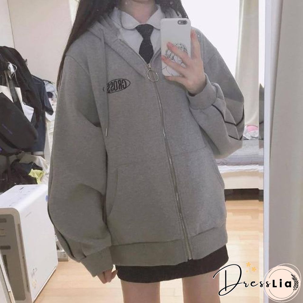 streetwear Harajuku Oversized sweatshirt women print Letter zip up Hoodies Student Plus Size Outwear Female Loose tops