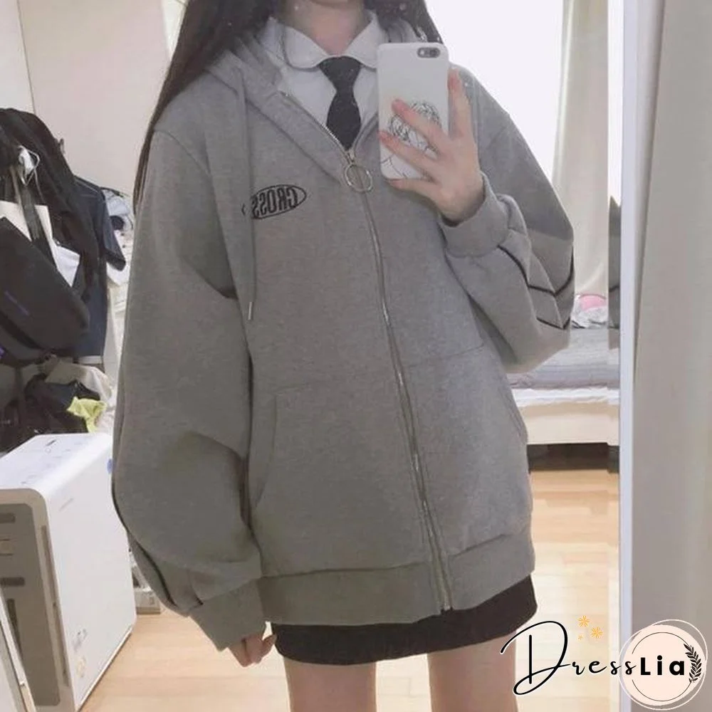 streetwear Harajuku Oversized sweatshirt women print Letter zip up Hoodies Student Plus Size Outwear Female Loose tops