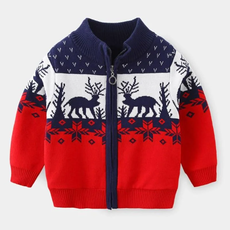 Mudkingdom Christmas Sweater Cardigan Kids Knitted Reindeer Clothes Baby Boys Zip Up Sweaters Coat