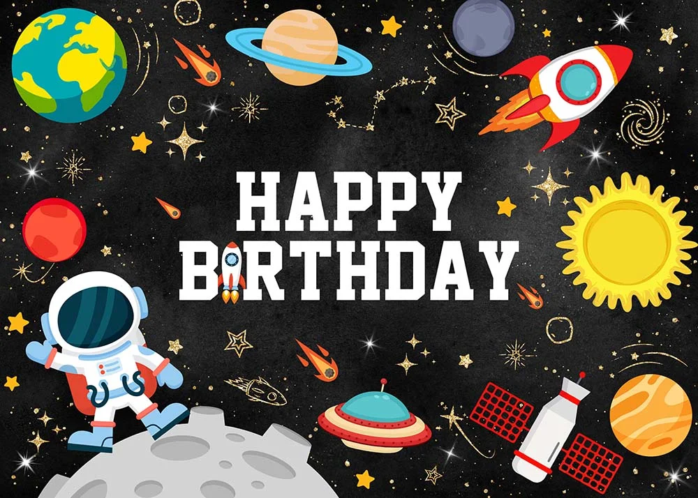 Boy Astronaut Space Theme Happy Birthday Party Backdrop RedBirdParty