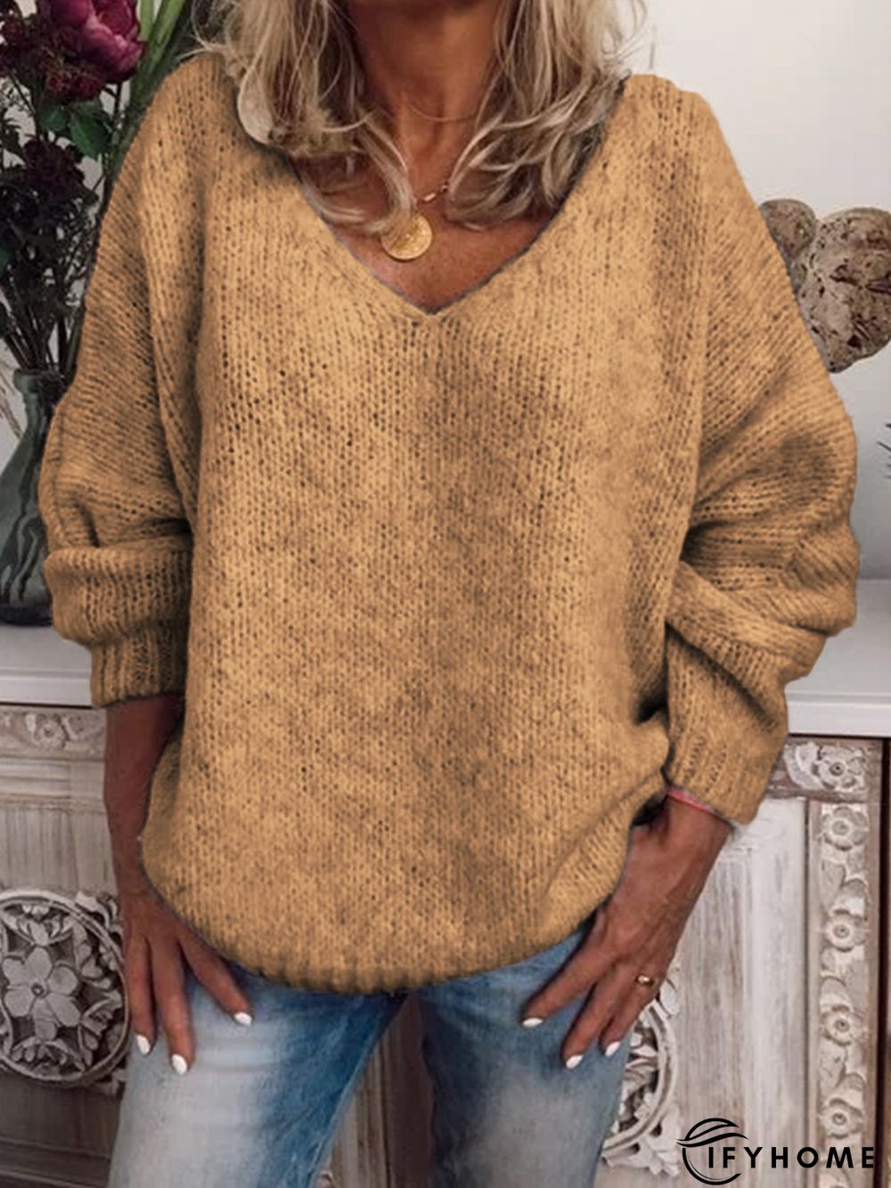 Solid Long Sleeve Sweater | IFYHOME