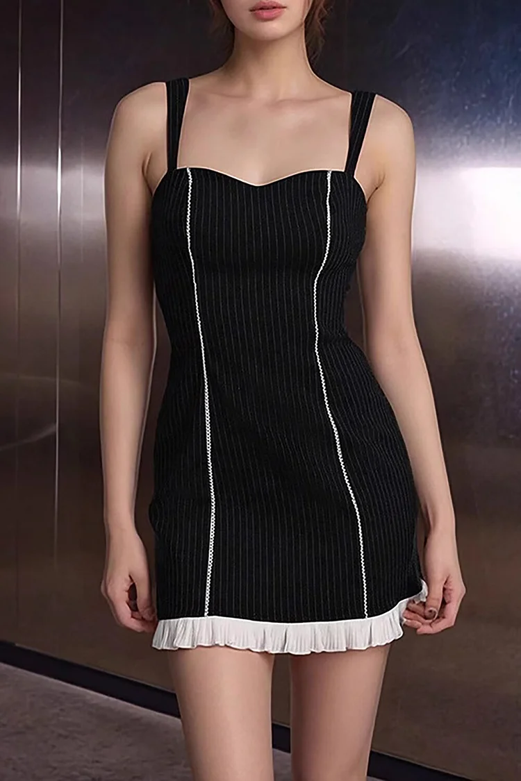 Contrast Piping Colorblock Ruffled Pinstriped Slip Mini Dresses-Black