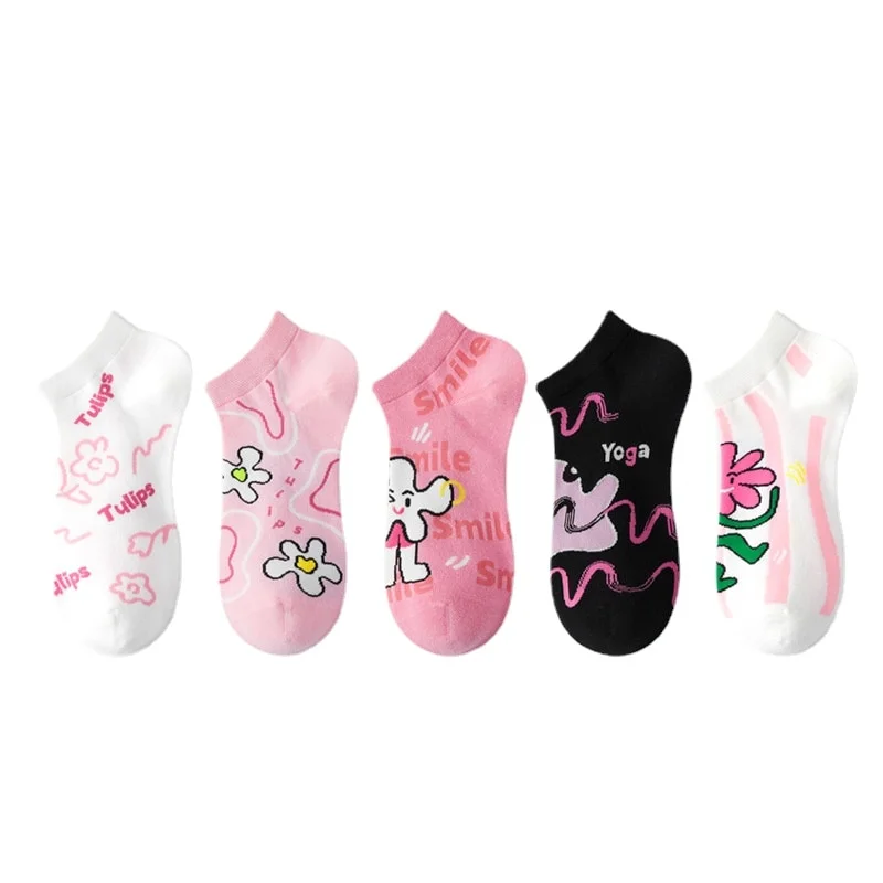 Summer Thin Cute Cartoon Breathable Shallow Cotton Boat Socks-5 Pairs of Socks for Women Set