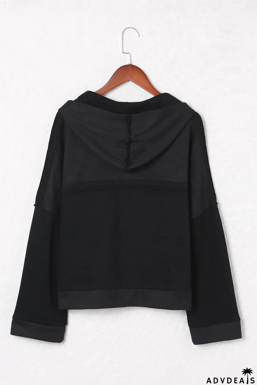 Black Casual Button Solid Patchwork Trim Hoodie