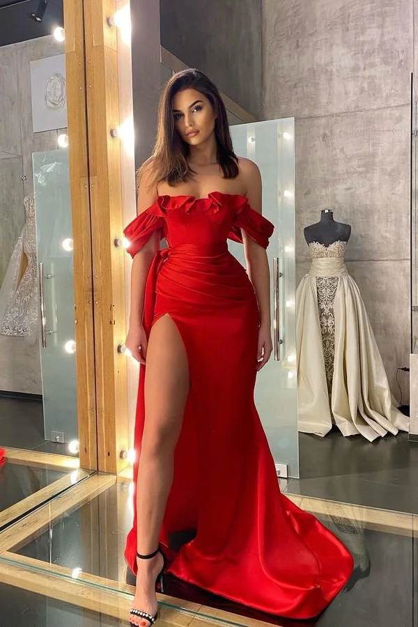 Classic Red Ruffles Prom Dress Off-The-Shoulder With Slit ED0604