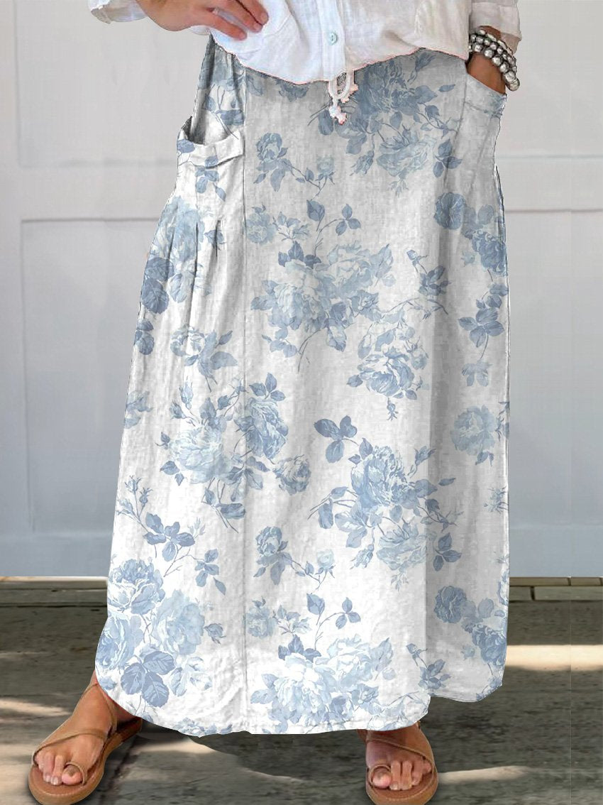 Blue And White Spring Rose Pattern Printed Women's Linen Pocket Skirt