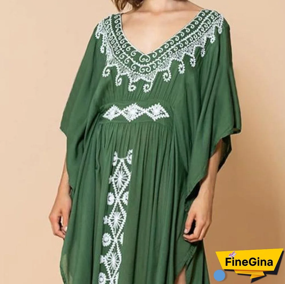 Deep V-Neck Embroidery Black/Green Full Length Beach Dress