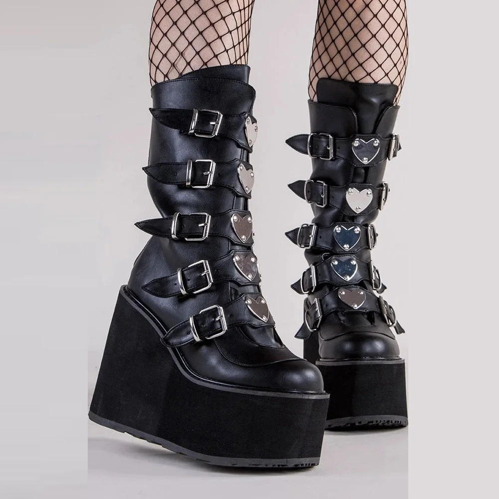 Goth Love Heart Buckle Punk Wedges Platforms Women Boots Zipper Black Cosplay Cool Street Autumn Ladies Shoes