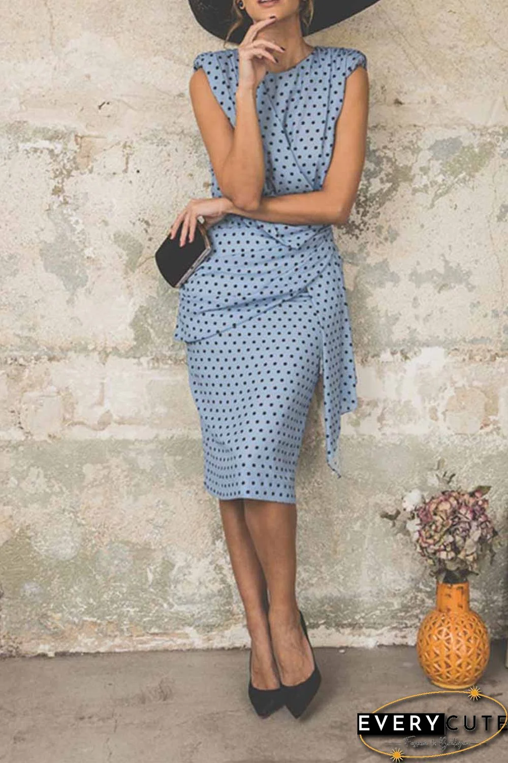 Sexy Polka Dot Pack Hip Sleeveless Midi Dress(4 Colors)