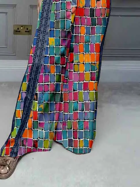 Women Colorful,Floral,Red DZDL1099 V-neck Short Sleeve Blouse and Pants Set