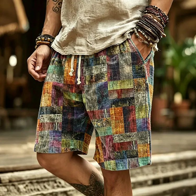 Men's Retro Geometric Art Print Linen Blend Casual Shorts