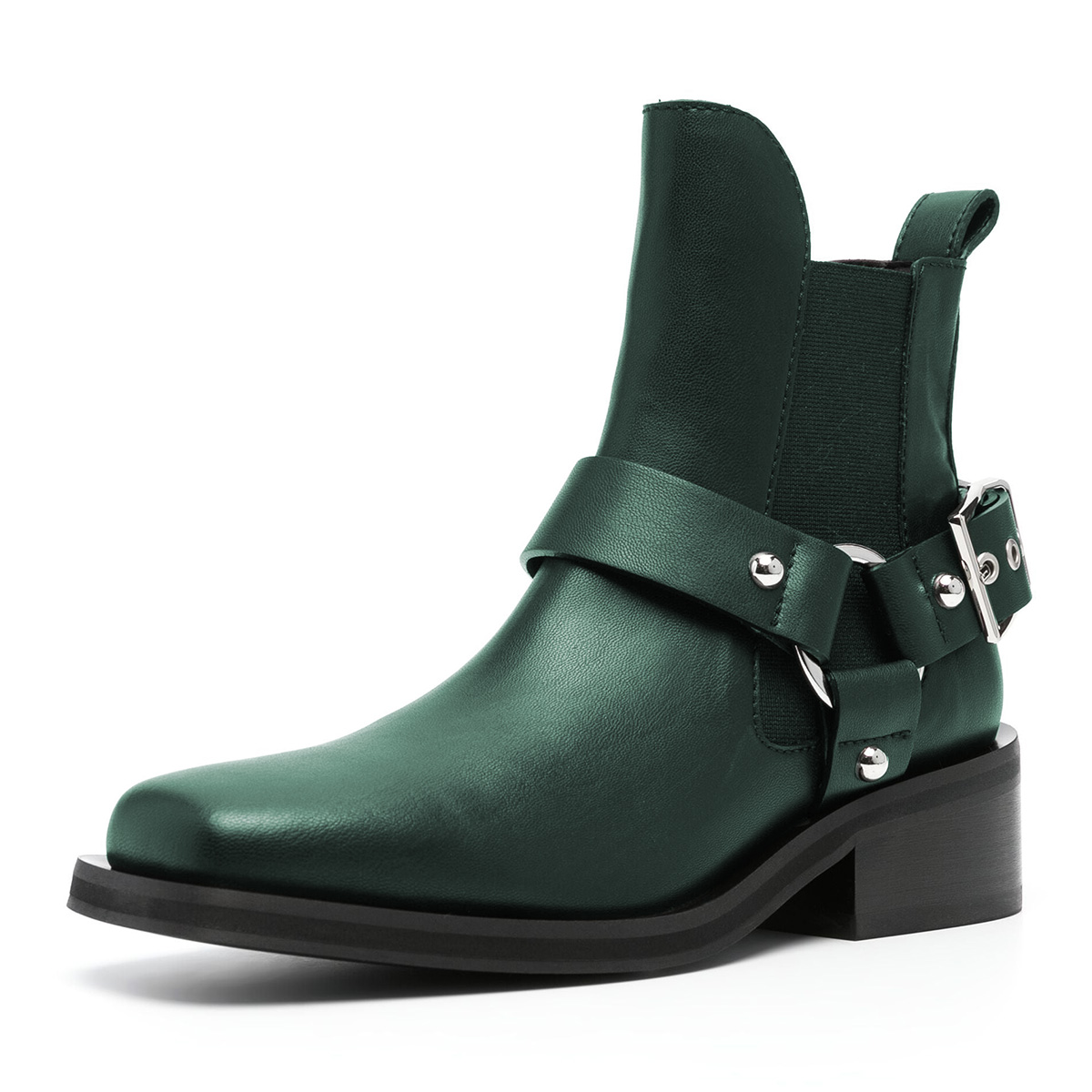 Green Square Toe Block Heel Ankle Boots with Buckle Strappy Design Nicepairs