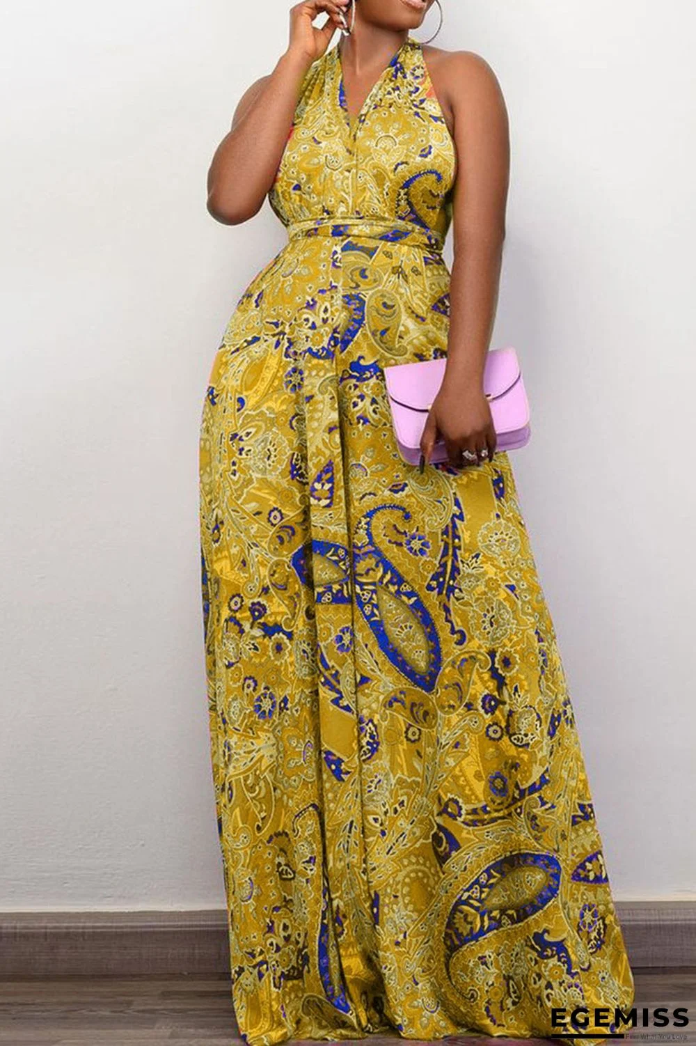 Gold Sexy Print Patchwork Backless V Neck Jumpsuits | EGEMISS